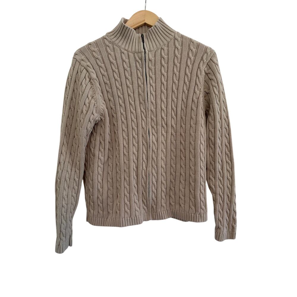 L.L. Bean Cable Knit Zip Up Sweater Jacket Womens Large Tan Winter Preppy Luxury
